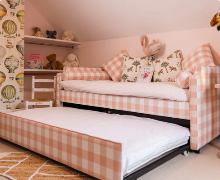 Upholstered Childrens Bed - Pink Gingham